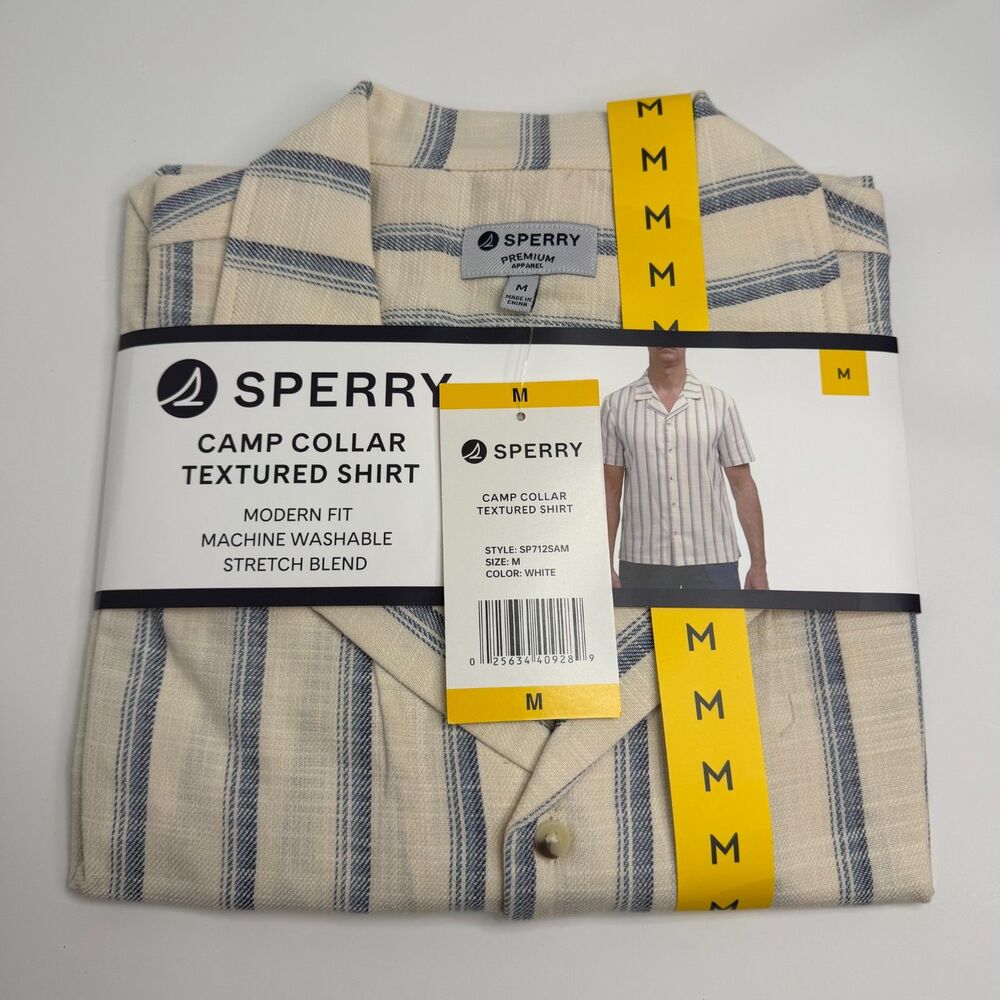 Sperry Camp Collar Textured Striped Shirt Men's Size M NWT Ivory Blue